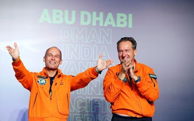 Pilot Andre Borschberg (right) and Bertrand Piccard address a news conference after their arrival in the Solar Impulse 2, a solar powered aircraft, in Abu Dhabi, United Arab Emirates, on Tuesday. Picture: REUTERS