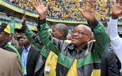 CELEBRATION: President Jacob Zuma is cheered on Saturday by ANC supporters at Durban's Kings Park Stadium. Picture: ANC MEDIA PIX