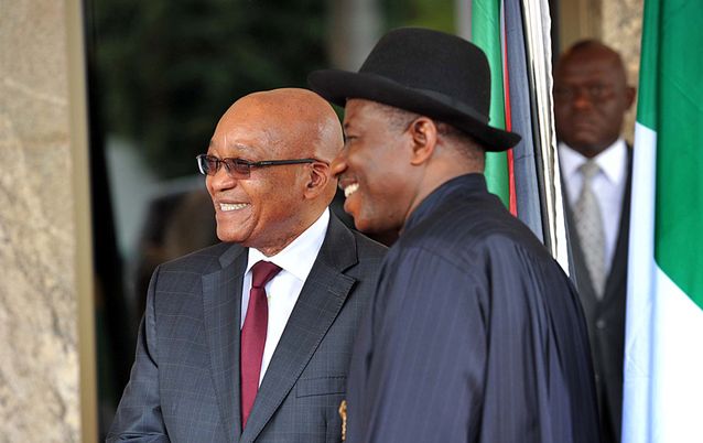GROWING TIES: South African President Jacob Zuma is welcomed by Nigerian President Goodluck Jonathan on arrival at State House in Abuja, Nigeria, on Tuesday. Picture: GCIS