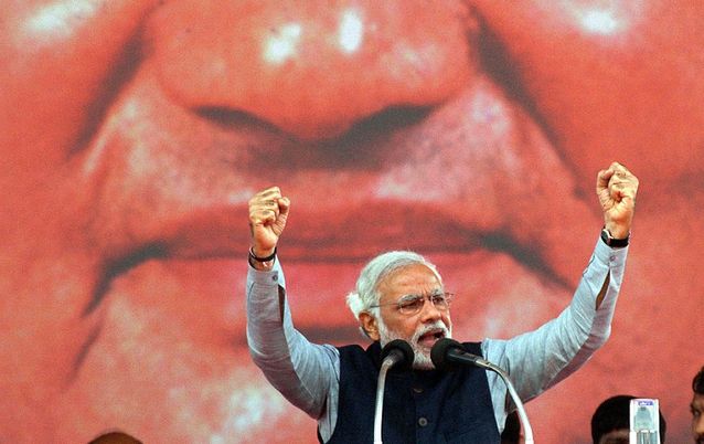 FIREBRAND: The opposition candidate to lead India, Narendra Modi, speaks during a rally in Lucknow on Sunday. Picture: AFP PHOTO 