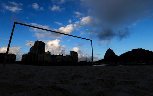A goal post is seen on Botafogo beach, with Sugar Loaf mountain in the background, in Rio de Janeiro, Brazil.  Picture: REUTERS 