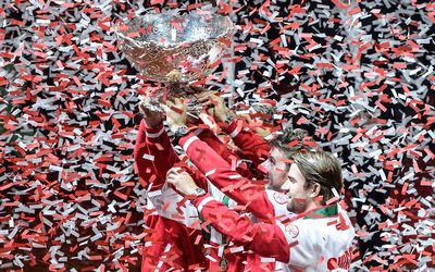 The Swiss team raises the Davis Cup trophy after Switzerland beat France in the Davis Cup tennis final at Stade Pierre Mauroy in Villeneuve-d'Ascq, northern France, on Sunday. Picture:  Picture: AFP PHOTO/DENIS CHARLET