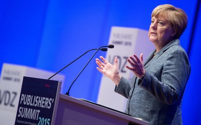 German Chancellor Angela Merkel addresses a conference in Berlin, Germany, on Monday. Picture: EPA/BERND VON JUTRCZENKA