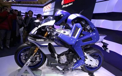 CYBORG BIKER: Yamaha’s prototype model of a motorcycle-riding robot at the Tokyo Motor Show this week. Picture: REUTERS/ISSI KATO
