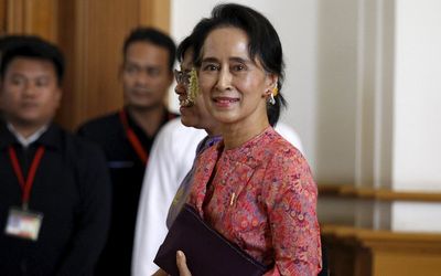 Myanmar's National League for Democracy leader Aung San Suu Kyi arrives to the opening of the new parliament in Naypyitaw on Monday. Picture: REUTERS