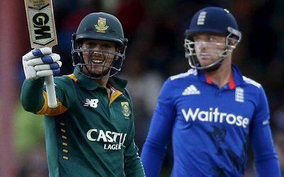 South Africa's Quinton de Kock celebrates his half century during the first one day international cricket match against England in Bloemfontein on Wednesday. Picture: REUTERS