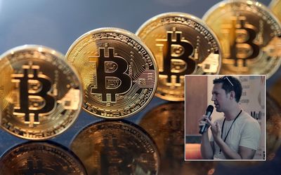 Mike Hearn, a lead developer of bitcoin (inset), has quit the virtual currency project after a feud erupted over processing limits.  Pictures: YOUTUBE, BLOOMBERG
