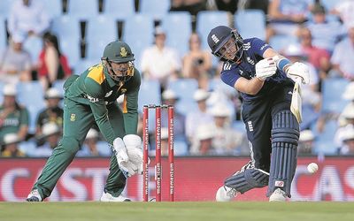 England’s Joe Root hits out in the last match at Centurion w ith Quinton de Kock behind the stumps. Both Root and De Kock have been in  excellent form with the bat and the pair will be looking for more runs at the Wanderers today. Picture: AFP