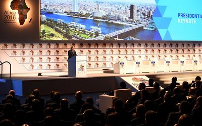Egyptian President Abdel Fattah al-Sisi delivers his opening remarks  to 'Africa 2016' international business forum in the Red Sea resort of Sharm el-Sheikh, Egypt, on Saturday.  Picture: REUTERS