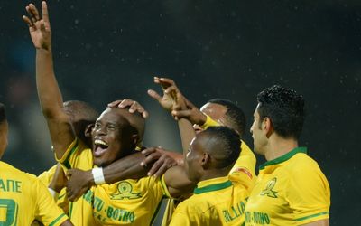Asavela Mbekile celebrates his goal with teammates during the Absa Premiership match between SuperSport United and Mamelodi Sundowns at Lucas Moripe Stadium on Tuesday in Pretoria. Picture: LEFTY SHIVAMBU/GALLO IMAGES