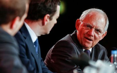 Germany Finance Minister Wolfgang Schaeuble, right, speaks as Chancellor of the Exchequer George Osborne looks on during the 2016 British Chamber of Commerce annual conference in London, the UK, last week. Picture: BLOOMBERG/LUKE MACGREGOR