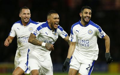 STEADY: Riyad Mahrez, right, celebrates with Leicester teammates after scoring the winner against Watford last Sunday to keep his team five points clear at the top. Picture: REUTERS/EDDIE KEOGH