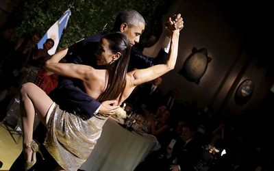 US President Barack Obama dances the tango during a state dinner hosted by Argentina's President Mauricio Macri in Buenos Aires on Wednesday, March 23 2016, during Mr Obama's two-day visit to Argentina. Picture: REUTERS
