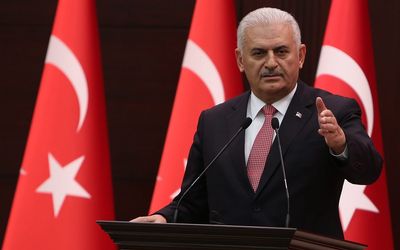 Turkish Prime Minister Binali Yildirim addresses a press conference in Ankara, Turkey, on Monday. Turkey and Israel have repaired ties after a six-year conflict over the deaths of 10 pro-Palestinian Turkish activist. Turkey has also eased tensions with Moscow over the shooting down of a Russia fighter jet over its territory. Picture: EPA