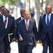 BUDGET HEAVYWEIGHTS: From left, Deputy Finance Minister Nhlanhla Nene, Finance Minister Pravin Gordhan and South African Revenue Service commissioner Oupa Magashula outside Parliament on Wednesday. Picture: TREVOR SAMSON