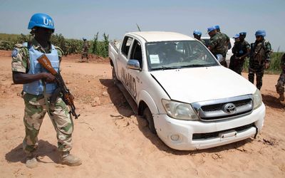 One of the United Nations-African Union Mission in Darfur (Unamid) vehicles targeted in an ambush by unidentified assailants on October 3, 2012, in which four Nigerian peacekeepers were killed and eight wounded. Picture: REUTERS