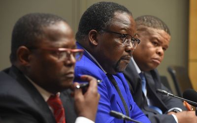 Police Minister Nathi Nhleko, centre, and State Security Minister David Mahlobo, right, address a press conference on the 'rogue unit' investigations at the Imbizo Media Centre in Cape Town on Wednesday. Picture: SIYABULELA DUDA