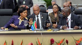 (Front, left to right) Maite Nkoana-Mashabane, President Jacob Zuma and Nhlanhla Nene exhange a few words at a Brics (Brazil Russia, India, China and South Africa) summit in Brazil on Tuesday.  Picture: GCIS