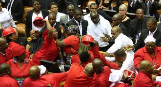 FIGHTING MAD: Red-clad Economic Freedom Front Fighters MPs clash with parliamentary protection services in Parliament. The Constitutional Court ruled that disruptive MPs can still be removed from Parliament. Picture: THE TIMES