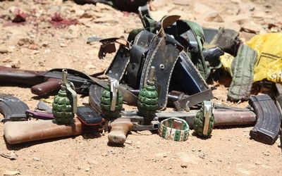 Ammunition used by suspected al Shabaab assailants killed during an attack is displayed outside Somalia's regional government headquarters in the central city of Baidoa.  Picture: REUTERS