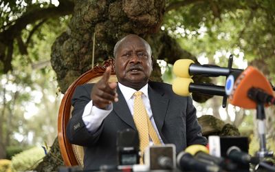 Newly re-elected president Yoweri Museveni, in power for three decades, gestures as he speaks during a press conference at his country home in Rwakitura, about 275 kilometres west of the Capital Kampala on February 21, 2016. Picture: AFP/ISAAC KASAMANI
