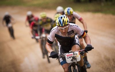 SPIN CYCLE: Karl Platt leads the field during last year’s Cape Epic. The German, with his partner Urs Huber, are favourites for a podium finish this year. Picture: SPORTZPICS