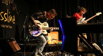 Jonathan Crossley performs with his ’robo-guitar’ alongside bassist Carlo Mombelli  at the Bassline in Newtown, Johannesburg. Picture: JAMES OATWAY/SUNDAY TIMES